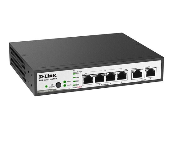 D-Link DES-1100-06MP Настраиваемый L2 коммутатор с 4 портами 100 Мбит и 1 портом 1000 Мбит, поддержка PoE, фото 