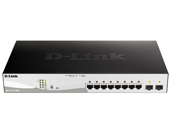 D-Link DGS-1210-10MP настраиваемый коммутатор WebSmart с 8 портами 10/100/1000Base-T и 2 портами 1000Base-X SFP и поддержкой PoE, фото 