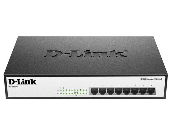 D-Link DES-1008P+ - неуправляемый коммутатор с 8 портами 10/100Base-TX, PoE-бюджет 140 Вт, фото 