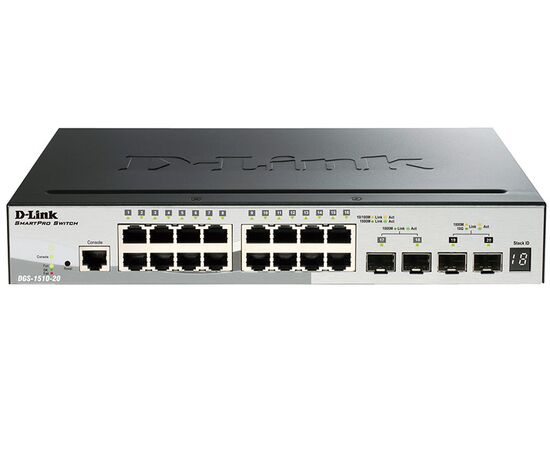 D-Link DGS-1510-20 стекируемый гигабитный коммутатор SmartPro с 16 портами 10/100/1000Base-T + 2 портами Gigabit SFP и 2 портами 10G SFP+, фото 