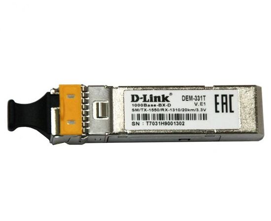 D-Link 331T WDM SFP-трансивер с 1 портом 1000Base-BX-D (Tx:1550 нм, Rx:1310 нм) для одномодового оптического кабеля до 20 км, фото 