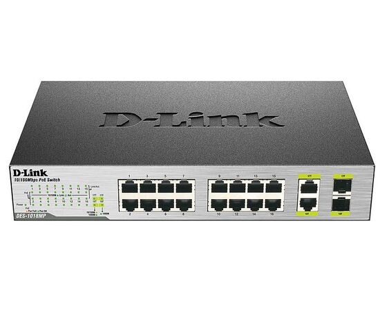 D-Link DES-1018MP Неуправляемый коммутатор с 16 портами 10/100Base-TX, 2 комбо-портами 100/1000Base-T/SFP 16 портов PoE 802.3af 246,4 Вт, фото 