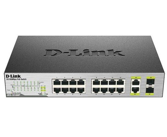 Коммутатор D-Link DES-1018MP/E, Неуправляемый с 16 портами 10/100BASE-TX PoE, 2 комбо-портами 10/100/1000BASE-T/SFP, фото 