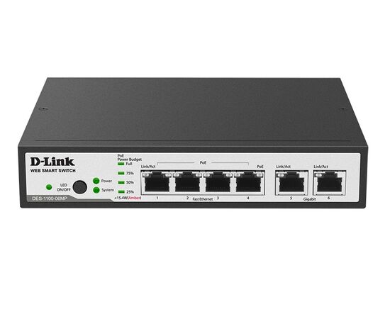 D-Link DES-1100-06MP Настраиваемый L2 коммутатор с 4 портами 100 Мбит и 1 портом 1000 Мбит, поддержка PoE, фото , изображение 2