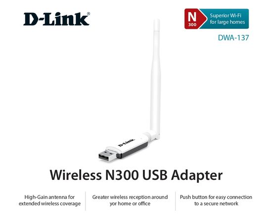 USB адаптер D-Link IEEE 802.11 b/g/n 2.4 ГГц 300Мб/с USB 2.0, DWA-137/B1A, фото , изображение 3