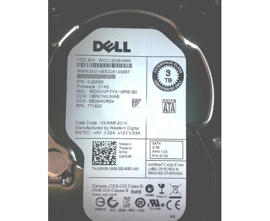 Жесткий диск для сервера Dell 3 ТБ SATA 3.5" 7200 об/мин, 3 Gb/s, J2W28, фото 