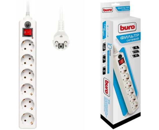 Сетевой фильтр Buro 600SH-3-W 3м (6 розеток) белый (коробка), фото 
