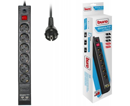 Сетевой фильтр Buro BU-SP1.8_USB_2A-B 1.8м (6 розеток) черный (коробка), фото 