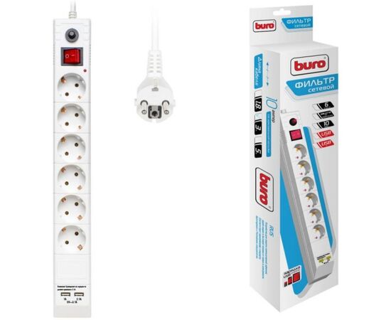 Сетевой фильтр Buro BU-SP3_USB_2A-W 3м (6 розеток) белый (коробка), фото 