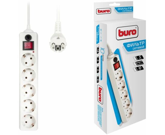Сетевой фильтр Buro 500SH-10-W 10м (5 розеток) белый (коробка), фото 