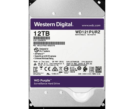Жесткий диск для видеонаблюдения WD Purple SATA III (6Gb/s) 3.5" 12TB, WD121PURZ, фото 