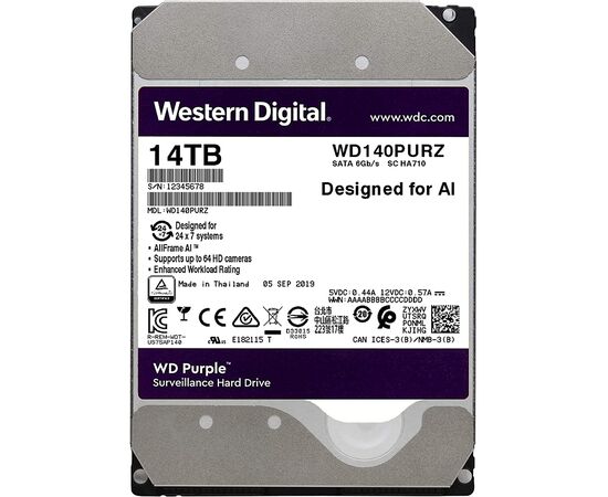 Жесткий диск для видеонаблюдения WD Purple SATA III (6Gb/s) 3.5" 14TB, WD140PURZ, фото 