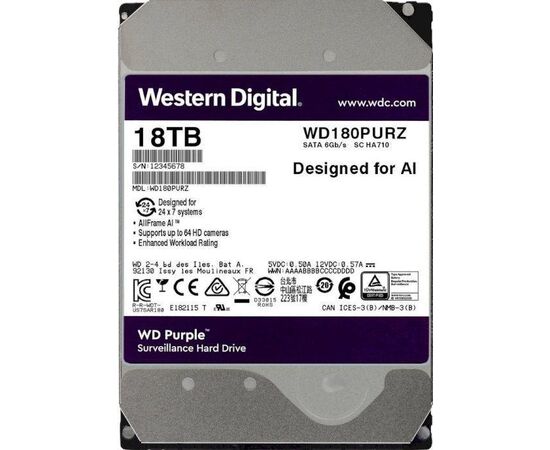 Жесткий диск для видеонаблюдения WD Purple SATA III (6Gb/s) 3.5" 18TB, WD180PURZ, фото 