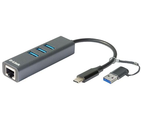 Сетевой адаптер D-Link DUB-2332/A1A Gigabit Ethernet/USB Type-C с 3 портами USB 3.0 и переходником USB Type-C/USB Type-A, фото 