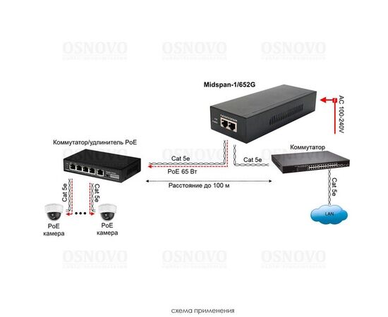 PoE-инжектор OSNOVO Midspan-1/652G 65W Gigabit Ethernet на 1 порт, фото , изображение 2