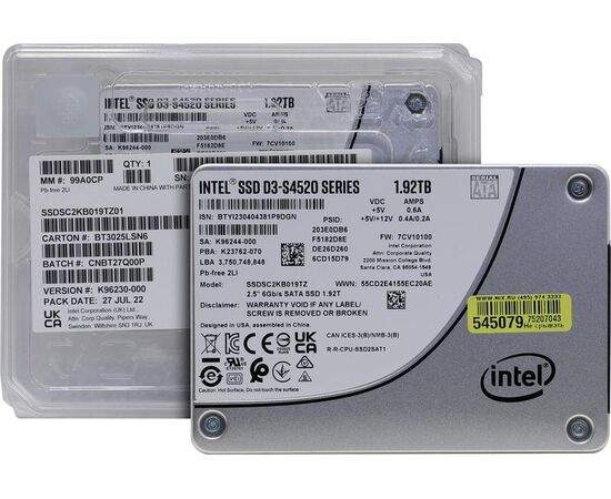 SSD диск для сервера Intel D3-S4520 SSDSC2KB019TZ01 2.5" SATA 6Gb/s, 550/510, IOPS 91/38K, MTBF 2M, TLC 8.8PBW, 2.5DWPD, фото 