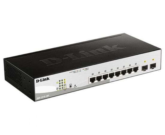 Настраиваемый L2 коммутатор D-Link DGS-1210-10P/F3A с 8 портами 10/100/1000Base-T и 2 портами 1000Base-X SFP (8 портов PoE 802.3af/at, PoE-бюджет 65 Вт), фото 