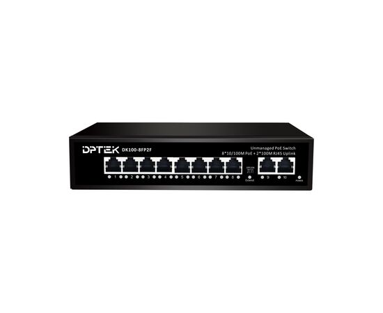 Коммутатор DPTEK DK100-8FP2F, неуправляемый, 8*10/100Base-T PoE 802.3af/at + 2*10/100Base-T, дальность до 250м, 96Вт, фото 