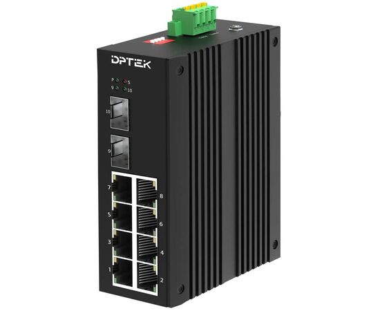 Неуправляемый промышленный PoE+ коммутатор Ethernet DPTEK DK3110I-8TP2S с 8 портами 10/100/1000TX и 2 портами 1000 SFP, фото 