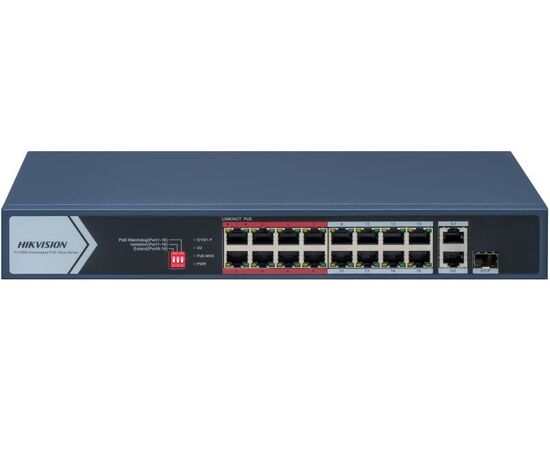 Неуправляемый коммутатор Fast Ethernet POE Hikvision DS-3E0318P-E/M(C) 16 x PoE 10/100 Мбит/с, 1 x Gigabit RJ45, 1 комбо-порт Gigabit, фото 