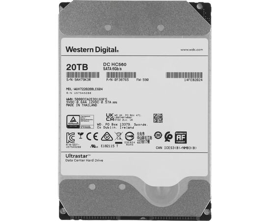 Диск HDD для сервера WD Ultrastar DC HC560 WUH722020BLE604 20TB 0F38765 3.5" SATA III (6 Гбит/с), 7200 об/мин, фото 