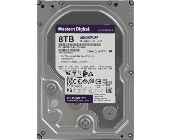 Диск HDD для видеонаблюдения WD Purple Pro 8ТБ WD8002PURP 3.5" SATA III (6Gbps), 7200 об/мин, фото 