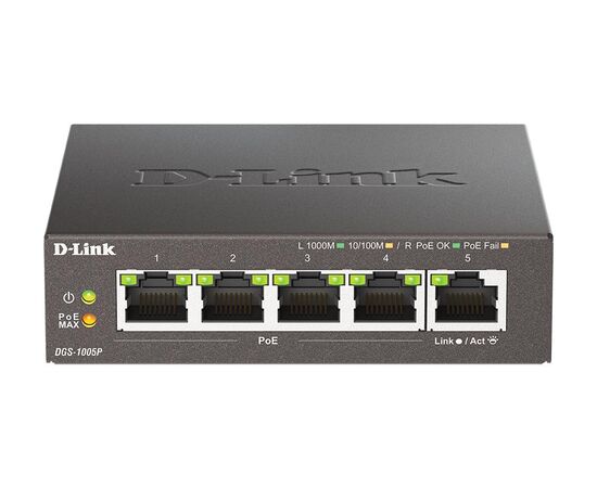 Неуправляемый коммутатор D-Link DGS-1005P/B3A с 5 портами 10/100/1000Base-T (4 порта с поддержкой PoE), фото 