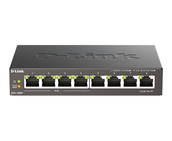 Неуправляемый коммутатор D-Link DGS-1008P/F3A с 8 портами 10/100/1000Base-T (4 порта PoE), фото 