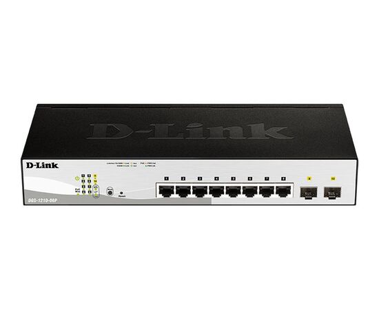 Управляемый коммутатор D-Link DGS-1210-08P/G3A с 8 портами 10/100/1000Base-T и 2 портами 1000Base-X SFP (8 портов PoE), фото 