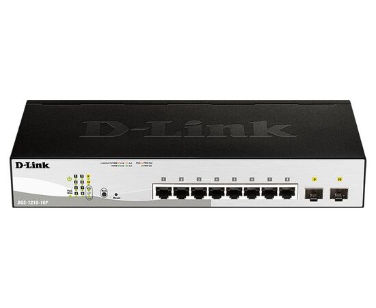Управляемый L2 коммутатор D-Link DGS-1210-10P/FL2A с 8 портами 10/100/1000Base-T и 2 портами 1000Base-X SFP (8 портов PoE), фото 