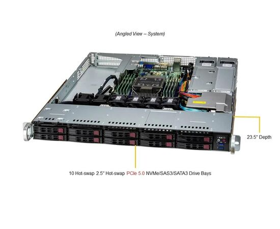 Сервер Server-X R100 1xIntel Xeon Silver 4510, 64GB RDIMM DDR5, 10x2.5" HDD/SSD NVMe, Broadcom 9540-8i, 2x960GB SSD SATA, 2x1GbE, 2x860W, Rack 1U, SYS-111E-WR-S1, фото , изображение 2