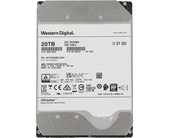 Диск HDD для сервера WD Ultrastar DC HC560 20TB WUH722020BL5204 3.5", SATA 3.0 (6Gbps), 7200 об/мин, фото 