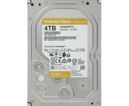 Диск HDD для сервера WD Gold 4TB WD4004FRYZ 3.5 " SATA III (6 Гбит/с), 7200 об/мин, фото 