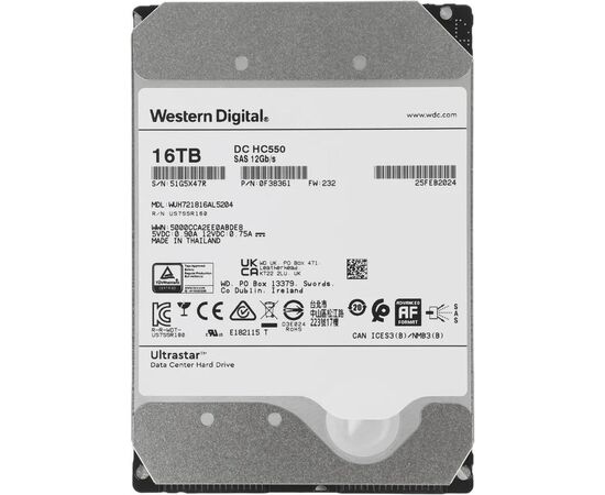 Диск HDD для сервера WD Ultrastar DC HC550 WUH721816AL5204 16 ТБ 0F38361 3.5" SAS 3.0, 7200 об/мин, фото 