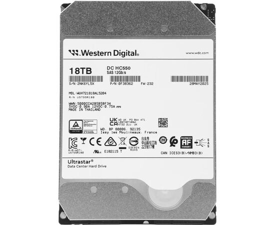 Диск HDD для сервера WD 18TB 0F38362 3.5" SAS 3.0 (12 Гбит/с), 7200 об/мин, фото 